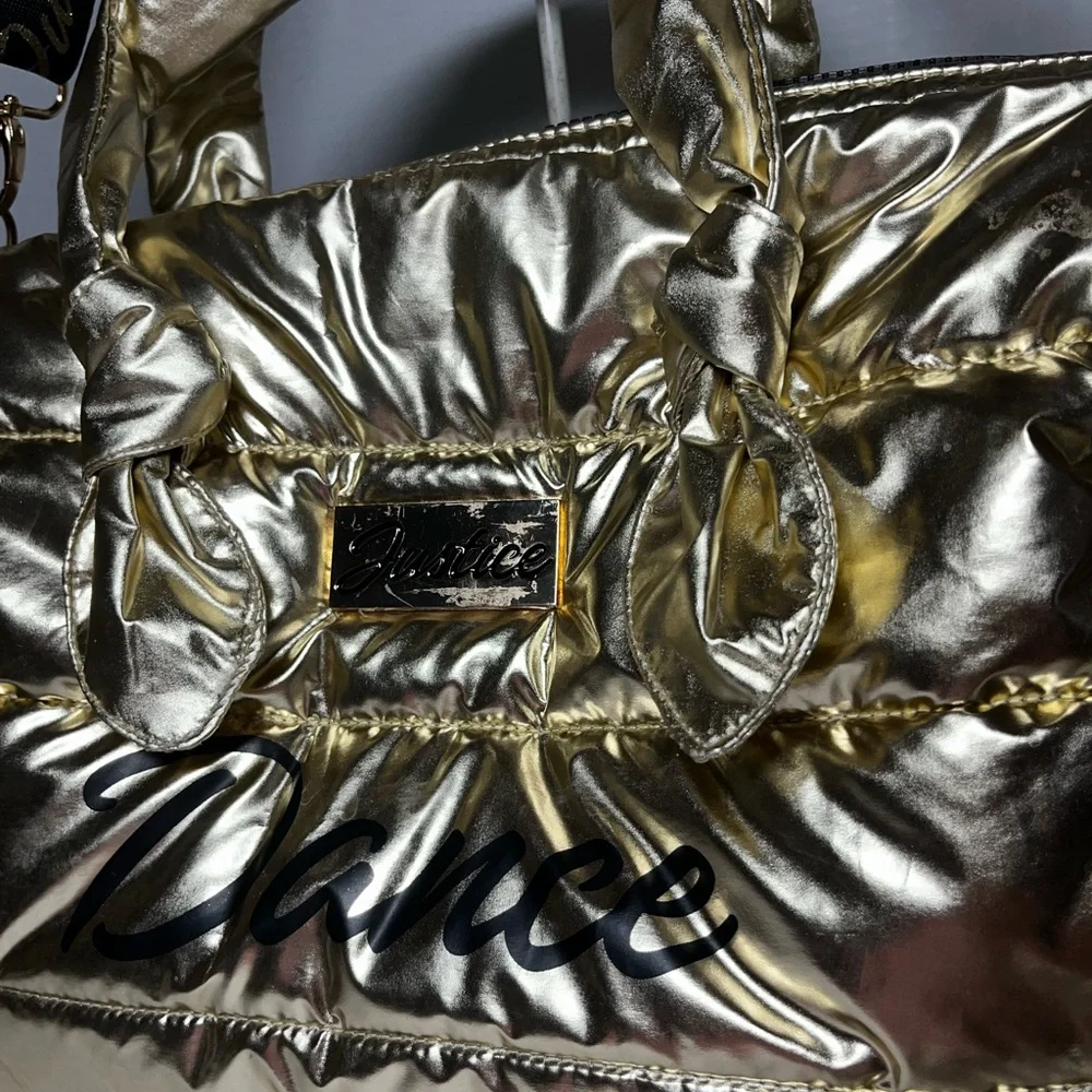 Justice Gold, metallic duffel bag